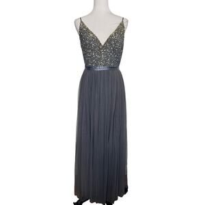 BHLDN Dress Formal Black Tie Gown Slate Blue Gray Beaded Tulle Size 8